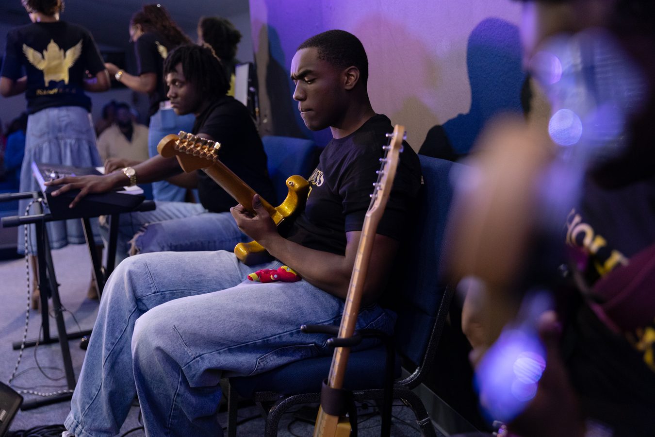 Guitarist focused during performance